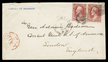 O13, 6c Executive, horizontal pair, tied by circular segmented cork cancels to 1877 Executive Mansion imprinted cover to London, England, with Washington, D.C.Apr 23 c.d.s.
alongside, red London Paid receiving c.d.s. at bottom left, verti