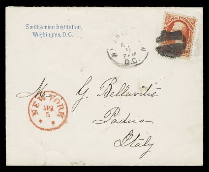 O18, 6c Interior, well centered and margined single tied to pretty Smithsonian Institution imprinted cover to Padua, Italy by circular cut cork cancellation, Washington,
D.C.Apr 4 c.d.s. alongside, perfect strike of red New-YorkApr 5