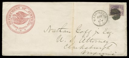 O28, 6c Justice, fine single, tied to legal size cover with handsome crimson seal corner card of the Department of Justice by circular cork postmark, matching Washington,
D.C.Sep 9 c.d.s. alongside, addressed to the U.S. Attorney in Clarksbur