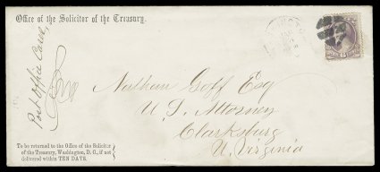 O28, 6c Justice, centered a bit to left, tied to unusual Office of the Solicitor of the Treasury imprinted legal size cover by circular segmented cut cork cancel, light
matching Washington, D.C.Jan 26 (1876) c.d.s. alongside, addressed to t