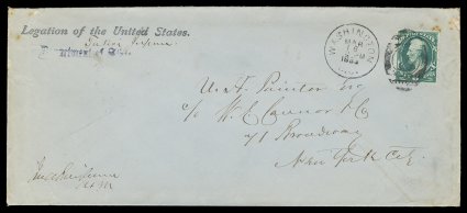 O60, 6c State, fine single tied to light blue colored legal size cover from Tokyo, Japan to New York City, with Legation of the United StatesDepartment of State imprint at top
left and Tokyo, Japan added in manuscript, cover carried by