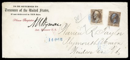 O75, O74, 6c Treasury, along with 3c Treasury, used together on attractive legal size Treasurer of the United States imprinted registered cover to Plymouth Union, VT, tied by
light blue cork postmarks, light matching Washington, D.C.May 18R