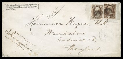 O75, O77, 6c and 10c Treasury, used together on a legal size registered cover to Woodboro, Md., stamps cancelled by small segmented cork postmarks, light Washington, D.C.May
22Registered c.d.s., some minor edge flaws and a bit of soiling, st