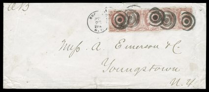 O86, O85, 6c War, along with 3c War, four singles of the former and one of the latter, tied to legal size cover to Youngstown, N.Y. by five bold strikes of target cancels, with
Buffalo, N.Y.Jul 23 c.d.s. to left, manuscript OB (Official Bus