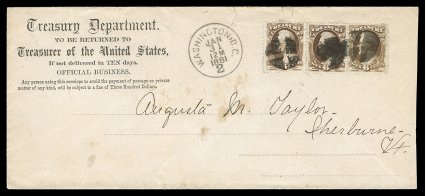 O110, 6c Treasury on soft porous paper, a single and a horizontal pair used on a legal size Treasury Department imprinted cover to Sherburne, VT, stamps cancelled by quartered
cork postmarks, with perfect strike of Washington, D.C.Jan 31, 18