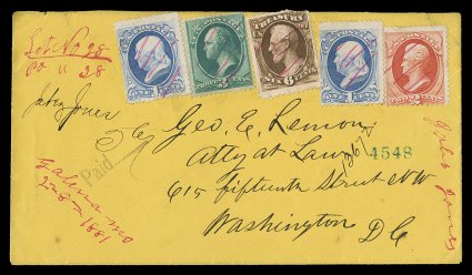 O110, 6c Treasury on soft porous paper, used on an eye-appealing registered canary colored cover to Washington, D.C., along with two 1c Blue (182), a 2c Vermilion (183) and a
3c Green (184), each cancelled by four red pen strokes, with matchi