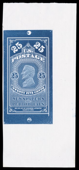 PR3E, 25c Blue, large die essay on wove, without the inscription National Bank Note Company. New York at bottom found on the issued design, printed on a 210x92mm piece of scrap
paper which was previously printed on the backside with part of an