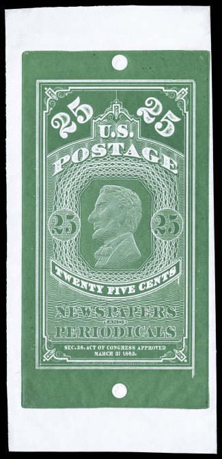 PR3TC1, 25c Green large die trial color proof on wove, measuring 149x70mm, clearly showing the mounting holes for the die, unfinished corners and the six fine lines around the
design, very fine and unique unlisted in Scott or Brazer ex-K
