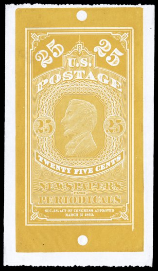 PR3TC1, 25c Ocher large die trial color proof on wove, measuring 129x73mm with deckle edges at top and bottom, clearly showing the mounting holes for the die, unfinished
corners and the six fine lines around the design, faintly soiled on left 2