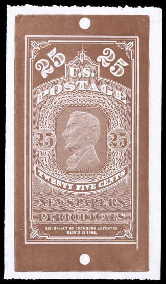 PR3TC1, 25c Reddish brown large die trial color proof on wove, measuring 127x73mm with deckle edges at top and bottom, clearly showing the mounting holes for the die,
unfinished corners and the six fine lines around the design, minute marginal t