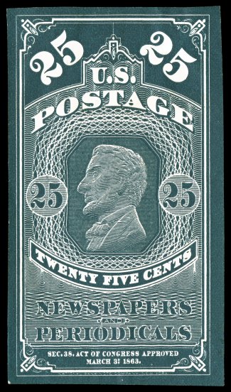 PR3TC5, 25c Trial color plate proofs on thick cream wove paper, four different colors, in black, lake, blue and blue green, well margined, very fine.