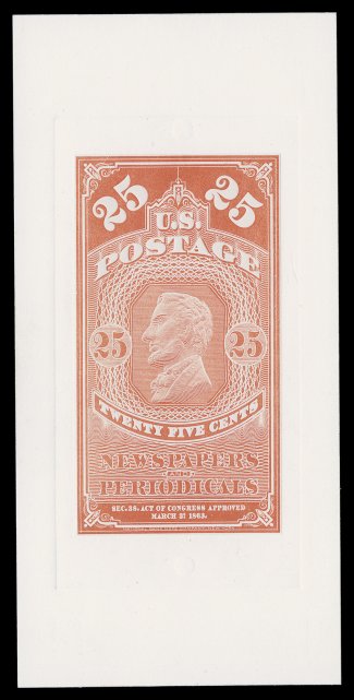 PR2P1-PR4P1, 5c-25c 1865 Newspapers, large die proofs on India, complete set in hybrid format, die sunk on cards measuring 83x170mm each, wonderfully bright and fresh,
extremely fine the Scott catalog listings are for hybrid large die proofs as