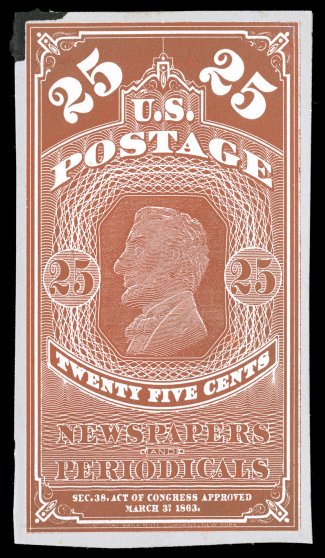 PR2P2-PR4P2, 5c-25c 1865 Newspapers, small die proofs on wove paper, each on original card backing from a Roosevelt album, small black adhesions from old photo corner mounts in
one corner of each proof (largely on card backing only), otherwise v
