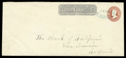 U86, 6c Dark red on amber, legal size entire used to the Bank of San Francisco with printed frank of Eureka Express Co. (Haller FE5, Ty. 1) at top center, usual conjunctive
usage with blue Wells, Fargo & Co.Feb 16Nevada, Cal. oval datestam