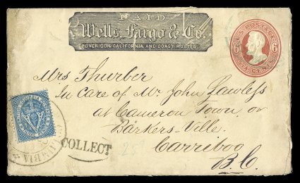 U86a, 6c Vermilion on amber, with printed Wells, Fargo & Co. frank, used (circa 1870) to Cariboo, British Columbia, cancelled by faint blue Wells, Fargo & Co.San Francisco
oval, with British Columbia 3p Blue adhesive (7) tied at bottom