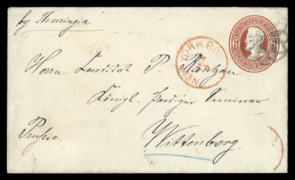 U85-U87a, 6c Lincoln, Reay stamped envelopes, a desirable group of nine used entires, 1871-76, various sizes and colors, with a wonderful range of usages and markings, includes
usages to Hawaii (uprated with additional adhesives), British Columb