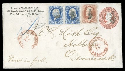 U181, 6c red on white, used small 1875 entire from Galveston, Texas to Holbeck, Denmark, additionally franked with pair of 1873 1c Ultramarine and a single 6c Dull Pink Bank
Notes (156, 159), prepaying the double 7c per 12 oz. Danish Close