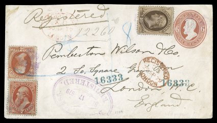 U181, 6c red on white, small attractive 1879 entire sent registered from Boston to London, England, uprated with singles of 1873 7c Vermilion and 10c Brown Bank Notes (149,
183) and a 1875 2c Vermilion Bank Note (183), prepaying the triple
