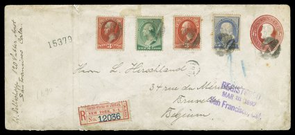 U181, 6c red on white, legal sized registered entire from San Francisco, Cal. to Brussels, Belgium, additionally and neatly franked with 1887 1c, 2c and two 3c Bank Notes (212,
213, 214 - s.e.s on three) to make up the 5c UPU rate plus the