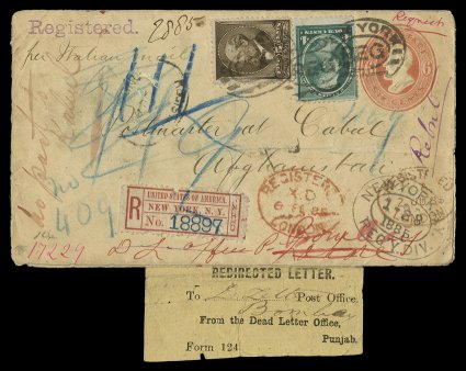 U182, 6c Red on amber, a fantastic small used entire addressed to Cabul, Afghanistan, sent registered on January 25, 1885 from New York and uprated with 1882 5c Yellow brown
(205) and 1883 4c Deep green (211), prepaying the 5c UPU rate plu