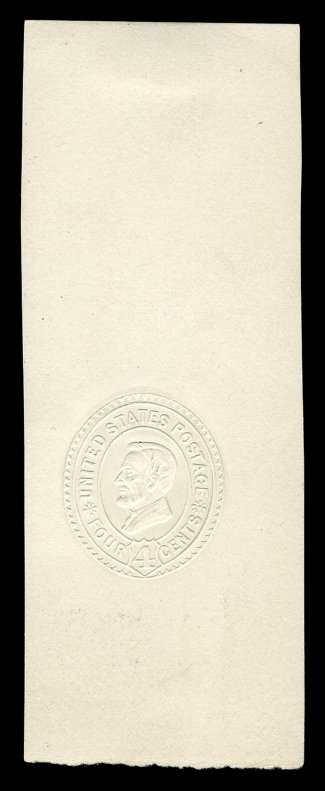 Undersander E104Ab, 4c Lincoln, incomplete die C essay, albino impression on white paper measuring 42x113mm, sharp highly detailed embossing breaks paper slightly in a few
places, very fine and unique.
