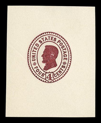 Undersander E104Ba, 4c Lincoln, complete die C essay, reverse color impression in dark red,  on white paper measuring 49x62mm, sharp highly detailed embossing breaks paper
slightly in a few places, mild crease, otherwise very fine and unique.<