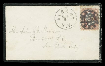 65, 3c Rose, tied to a petite mourning cover by a superb upright strike of fancy negative Lincoln and stars cancel, matching Albany, N.Y.Oct 5 c.d.s. alongside, addressed to New
York City, some small minor toning to the stamp primarily