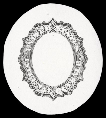 Turner Essay 17b, U.S.I.R. die essay of frame only for Lincoln issue, in Black on white glazed paper, cut to oval shape measuring approximately 47x52mm, very fine and most
unusual.