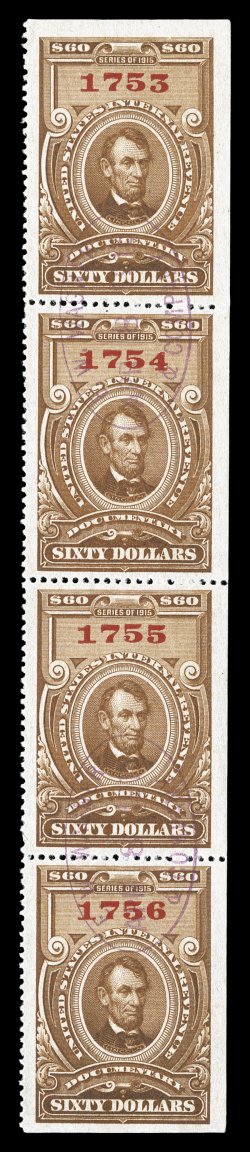 R224, $60.00 Brown, choice vertical strip of four, extraordinarily well centered and margined, deep luxuriant color, two light violet oval handstamped cancels, extremely fine
quite scarce as a full strip, particularly in this premium condition.