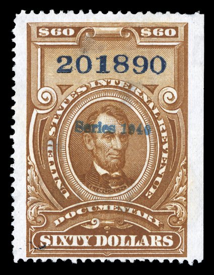 R283 var., $60.00 Brown, handstamped Series 1940 in blue instead of green, a very scarce unused example of this variety, of which very few exist, in fact this is the only
recorded unused example to date, fresh color, filled thin spots, fin