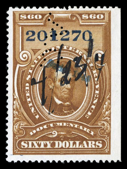 R283 var., $60.00 Brown, handstamped Series 1940 in blue instead of green, very scarce used example with handstamp in blue, of which very few are known, neat manuscript and
perf. initial cancels, rich color, very fine catalog value quoted is