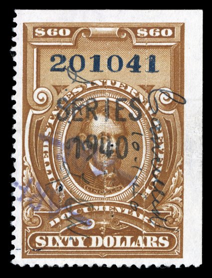 R283a, $60.00 Brown, with large two-line SERIES1940 black handstamp, used, well centered and margined, deep rich color, neat manuscript cancels, as well as three lightly
impressed vertical cut cancels, couple of small staple holes, still very
