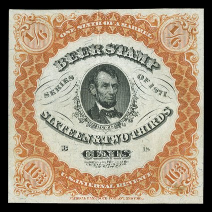 REA21-21c, 1871 16 23c Vermilion beer stamps, featuring Lincolns portrait, the four Scott listed varieties found on different papers, on white silk, pinkish gray silk, gray
silk and green silk, most with four margins, the example on white silk