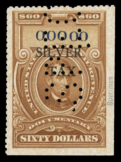 RG20S, 1934 $60.00 Brown, overprinted Silver Tax, with black Specimen overprint, a most unusual specimen example, with serial number 00000 and small Specimen handstamp
overprint vertically in right margin, additionally this stamp also ha