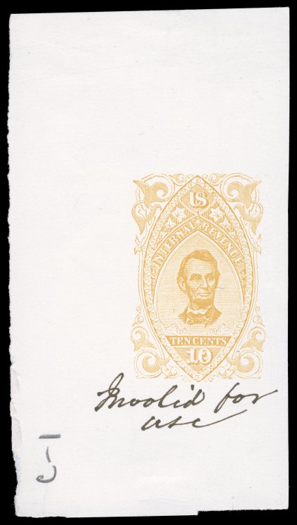 Turner Proof Type Ra (Scott RN-R1-R3), 10c Orange, proof impression on wove paper measuring 66x118mm, manuscript Invalid for use at bottom, couple of faint hinge thins, very
fine and rare ex-Joyce.