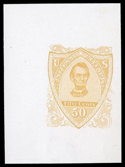 Turner Proof Type V (Scott RN-V1-4), 5c Orange, proof impression on wove paper measuring 60x81mm, an additional proof in Orange on card measuring 36x46mm, each with mounting
thins, still very fine a handsome and scarce pair of proofs.