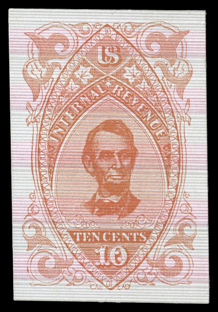 Turner Proof Type Ra (Scott RN-R1-R3), 10c Proofs in various colors on different types of paper, eight in all, includes examples in Red and Blue on wove paper, the same colors
each on pink paper, one in Orange, showing the added inscription at b