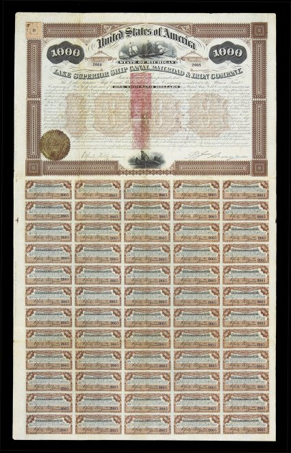 RN-P4, RN-W6, 5c Pink and $1.00 Pink, single impressions of each, one above the other on lovely 1871 State of Michigan Lake Superior Ship Canal, Railroad & Iron Company
$1,000.00 First Mortgage Bond, with all 60 original coupons attached, wi