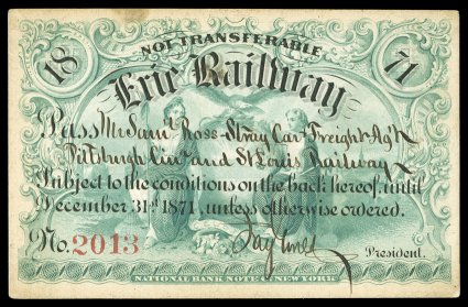 RN-P5, 5c Orange, single impression on the reverse of an exquisitely engraved (by the National Bank Note Co.) 1871 railroad pass of the Erie Railway, the pass being taxed as an
agreement, measuring 88x55mm, printed in bluish green on the front w