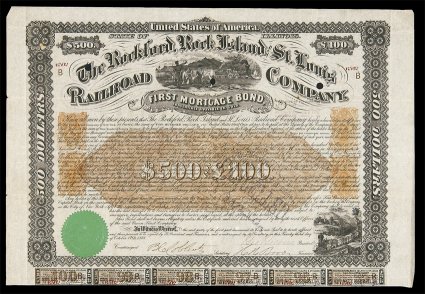 RN-P5, RN-T4, 5c Orange and 25c Orange, three impressions of the former and one of the latter, at each end of a highly ornate 1868 State of Illinois Rockford, Rock Island and
St. Louis Railroad Company $500.00 (or £100) First Mortgage Bond,
