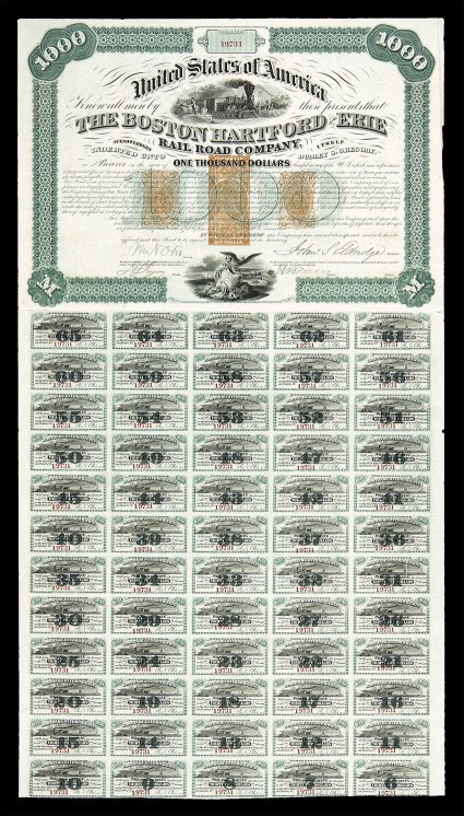 RN-P5, RN-W2, 5c Orange (two) and $1.00 Orange, two impressions of the former flanking on both sides of a single impression of the latter, on stunningly beautiful circa 1870s
The Boston Hartford and Erie Rail Road Company $1,000.00 First Mo