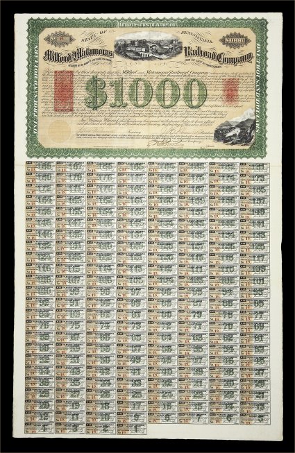 RN-P5, RN-W2, 25c Deep orange red and $1.00 Deep orange red, single impressions of each in especially deep shades, at each end of a beautiful 1871 State of Pennsylvania Milford
and Matamoras Railroad Company $1,000.00 First Mortgage Bond, wi
