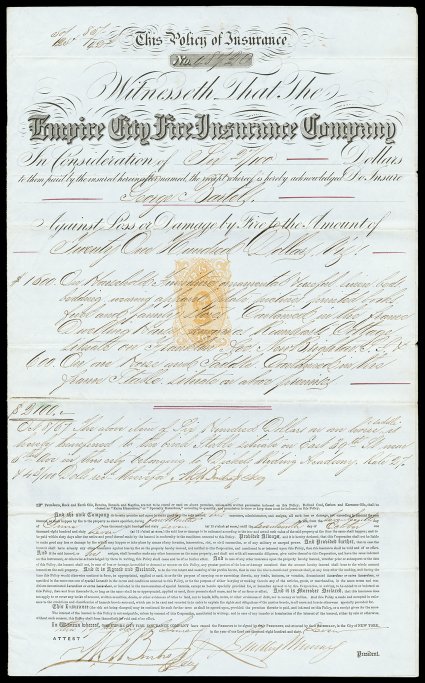 RN-R3, 10c Orange, single impression in center of 1867 Empire City Fire Insurance Company fire insurance policy printed by Wm. H. White, usual mild folds, very fine a handsome
document ex-Buford.