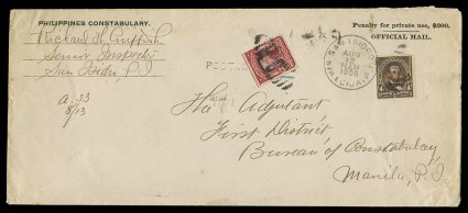 220, 4c Brown, with O.B. (Official Business) handstamped overprints, small specialized study, two mint singles, plus seven scarce legal size Philippines Constabulary covers
each bearing at least the 4c value with various styles and colors of