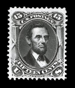 108, 15c Black re-issue, a highly select unused example of this re-issue rarity, possessing far superior centering to most existing examples, as the vast majority of the 397
issued are found quite off center, intense color and a prooflike impres