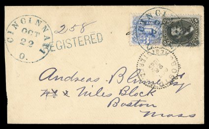 98, 15c Black, F grill, along with 3c Ultramarine 1869 Pictorial (114), tied to a wonderfully choice 1869 registered cover to Boston, Mass. by a clear strike of blue Cincinnati,
O.Oct 22 c.d.s., an additional strike at top left, matching 