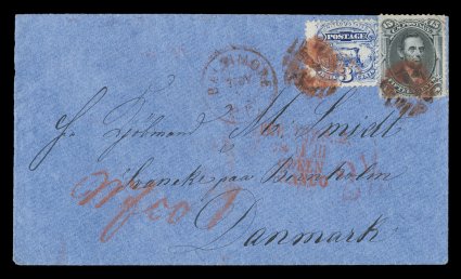 98, 15c Black, F grill, couple of short perfs., used along with 3c Ultramarine 1869 Pictorial (114), both tied by stunning red segmented cork cancels with matching duplex
Baltimore, Md.Nov 5 (1869) c.d.s. on lovely deep blue cover
