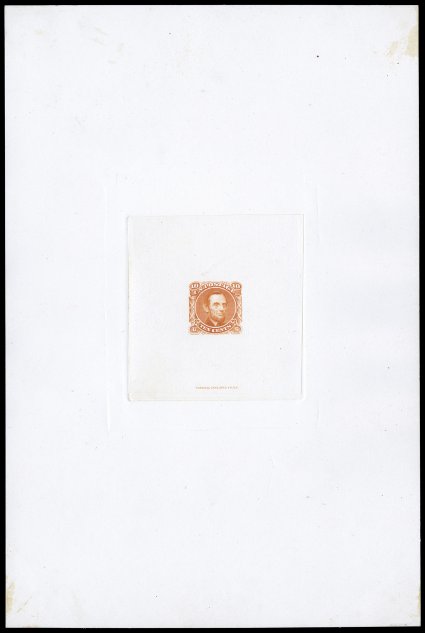116-E1c, 10c Lincoln, unadopted design, large die essay in Deep orange on India, die sunk on full sized card measuring 150x227mm, with National Bank Note Co. imprint at bottom,
marvelously fresh and clean, very fine and exceedingly choice par
