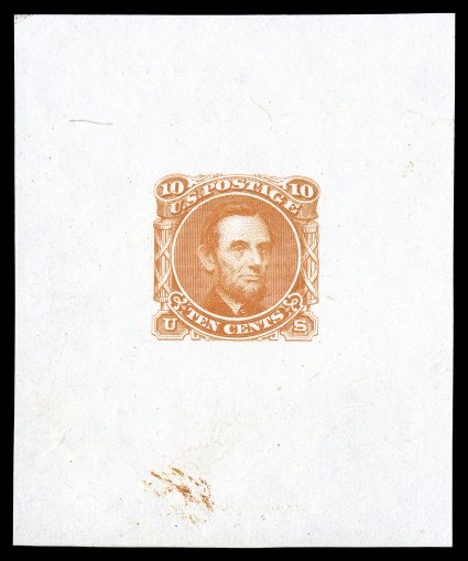 116-E1d, 10c Lincoln, unadopted design, large die essay in Orange on India, measuring 52x63mm, without imprint at bottom, very fine and choice.
