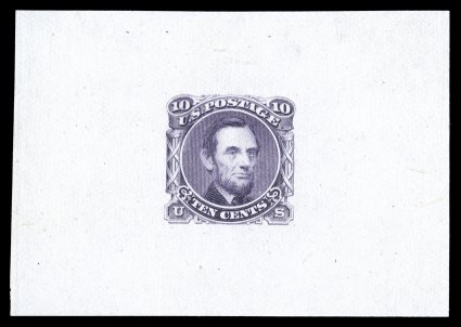 116-E1d, 10c Lincoln, unadopted design, large die essay in Red violet on India, measuring 67x47mm, without imprint at bottom, tiny insignificant thin speck, very
fine.